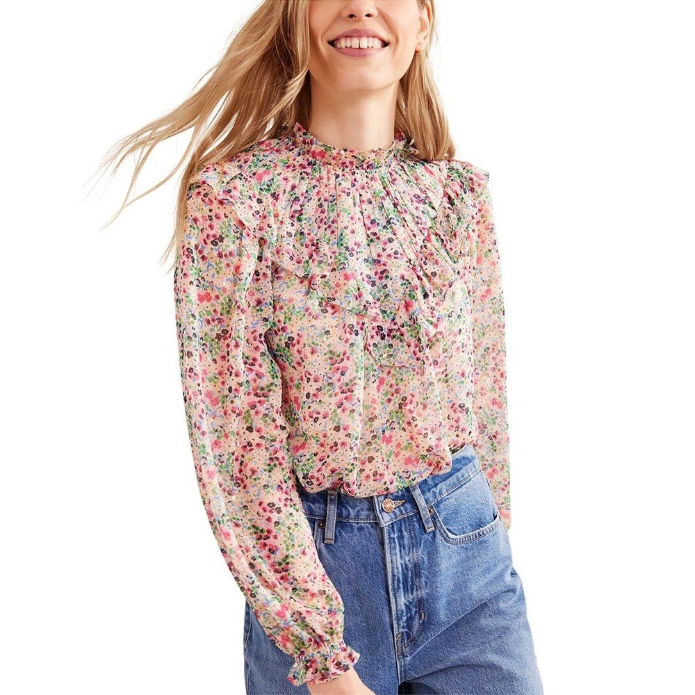 Boden V Yoke Flounce Top Womens 10 Floral Metallic Long Sleeve Ruffle Sheer Top